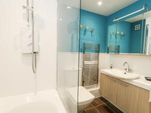 Un baño con ducha, inodoro y lavabo. en Beachcombers, 13 Chesil House, en Bridport 25 fotos más