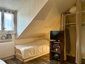 a small bedroom with a bed and a tv at Douce Altitude - Centre ville - Balcon in Barcelonnette +16 photos