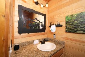 a bathroom with a sink in a wooden cabin at The Nest in Pigeon Forge +12 photos