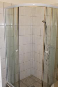 a shower with a glass door in a bathroom at Fanni Budapest Guesthouse in Budapest