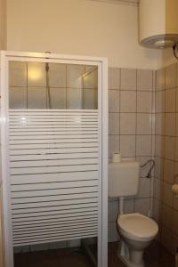 a bathroom with a toilet and a glass shower door at Fanni Budapest Guesthouse in Budapest +37 photos