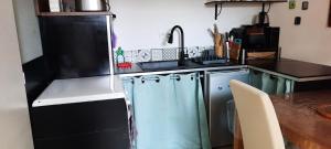 a kitchen with a black refrigerator and a sink at Petite maison à St Hilaire de Riez in Saint-Hilaire-de-Riez