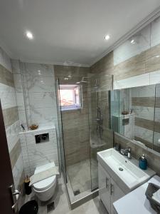 a bathroom with a toilet and a shower and a sink at Nikos Apartament in Prinos +16 photos