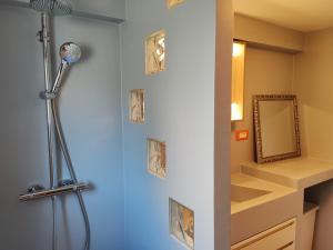 a bathroom with a shower and a mirror on the wall at Apartments Mirta in Rovinj +22 photos