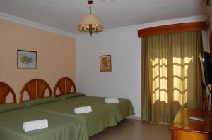 a bedroom with a green bed and a window at Hotel Antonio Conil in Conil de la Frontera