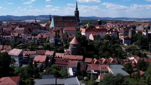 an aerial view of a town with buildings and a church at DJH Bautzen Gerberbastei in Bautzen