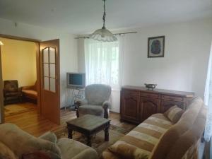 a living room with a couch and a chair at Mieszkanie Nad Jeziorem in Wilkasy
