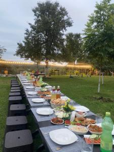 a long table with plates of food on it at Guesthouse Dadia in Chʼkhorotsqu