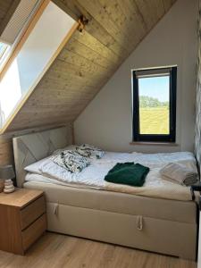 a bed in a room with a window at Villa Jungle House - Mazury in Liwa