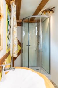 y baño con ducha de cristal y techo. en Sobe na skednju, en Bohinjska Bistrica