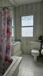 a bathroom with a toilet and a sink and a window at Casa con vistas en Bueu in Bueu