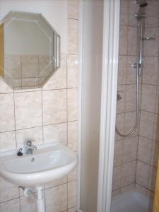 y baño con lavabo y ducha. en Penzion U Račáku, en Frymburk