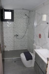 a bathroom with a shower and a toilet and a sink at Waterview Villa in Chrysi Ammoudia +9 photos