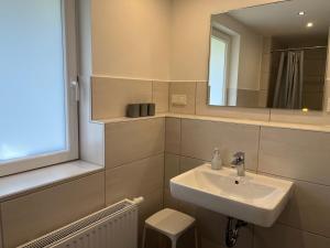 a bathroom with a sink and a mirror at Ferienhaus Wäschegrund in Sankt Andreasberg +26 photos