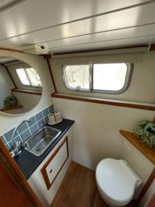 un piccolo bagno con lavandino e WC di Albatross, bateau à quai à Saint-Nicolas-des-Eaux a Saint-Nicolas Altre 2 foto
