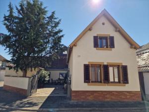 a house with a tree in front of it at Ferienhaus Anna mit Kamin, Terrasse, Hof & Garage in Haßloch