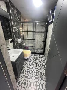 a bathroom with a shower and a sink and a toilet at Duplex house with panoramic view in Gökçeada +10 photos