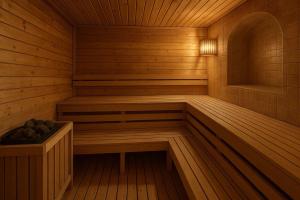 un sauna en bois vide avec un banc dans l'établissement Mouflon, 4/6 personnes piscine, Spa, à Champagny-en-Vanoise
