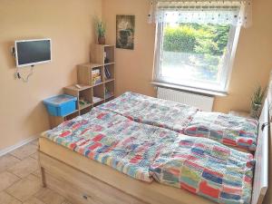 a bedroom with a bed and a tv and a window at Ferienwohnung 3 - Zur Schwedenschanze - ABC563 - Nur Ferieng in Hohen Wieschendorf +18 photos