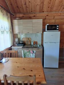 a kitchen with a white refrigerator and a wooden table at Pauka Holiday House in Palli