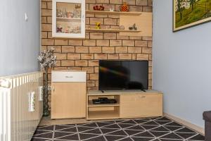 een woonkamer met een tv en een bakstenen muur bij MICIKA Country house in Grižane
