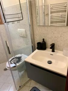 a bathroom with a shower and a sink and a toilet at Old Porlezza Apartment in Porlezza +32 photos