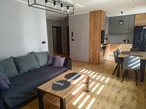 a living room with a couch and a table at Apartament u Jacka - 400m od Zamojskiej Starówki in Zamość