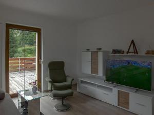 a living room with a chair and a television at Ferienwohnung In Bad Elster Mit Grill, Terrasse Und Garten in Bad Elster