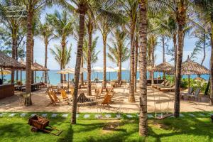 a beach with chairs and palm trees and the ocean at Harvest Day Hoi An in Hoi An