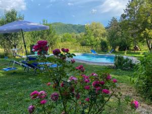 a garden with a swimming pool and flowers at Bed And Breakfast Margherita & Home Restaurant in Gerano