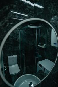 a mirror of a bathroom with a toilet and a shower at Damast Lux apartments 20 in Ohrid +19 photos