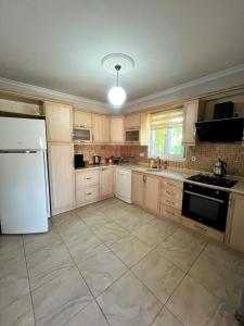 KoycegizにあるJess Villa Köyceğizの木製のキャビネットと白い冷蔵庫を備えたキッチン