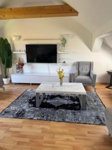 a living room with a coffee table and a tv at WE5 Leipzig Luft und Leben in Leipzig