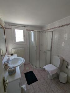 a bathroom with a shower and a sink and a toilet at Casa Carmela in Posidhonía +7 photos