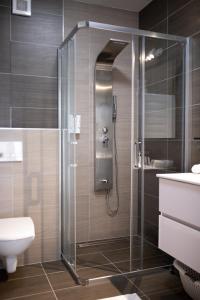 a shower with a glass door in a bathroom at Rodinný apartmán s balkónem in Černá v Pošumaví +16 photos