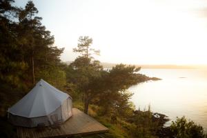 a tent on a wooden deck next to a body of water at Glamping - Løvøya Oslofjord in Horten +6 photos