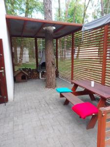 a patio with a picnic table and a tree at W sosnowym lesie in Lubniewice +1 photo