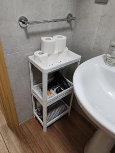 a bathroom with a sink and toilet paper on a shelf at Arenal confort in Marín