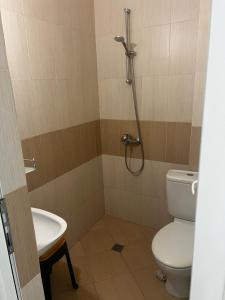 a bathroom with a shower and a toilet and a sink at Zapovedni Rai in Primorsko +114 photos