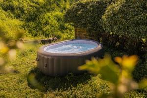 a hot tub in the grass in a yard at Weingut Muehlenschenke - Game-Room, Vineyard, Sauna and more in Sankt Goarshausen