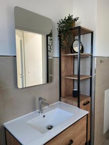 グロヴェにあるAloha Paradies erste Strandlinie mit direktem Meerblick im Neubau, Glowe, Ostseeの洗面台と鏡のあるバスルーム +44枚の写真