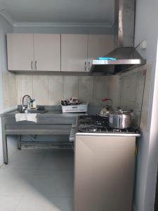 a kitchen with a stove and a stove top oven at Batomi hotel in Batumi