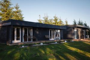 a small black house on a grass field at Vila Skodupė in Stotis Valiukiškes