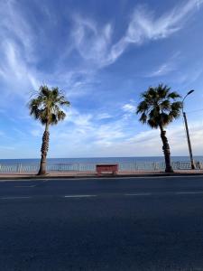 two palm trees on the side of a road near the ocean at Casa di Peppa in Sanremo