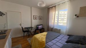 una camera da letto con un letto, un tavolo e una televisione di Les studios du Cercle a Limoges