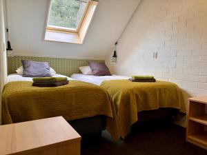 two beds in a small room with a window at De Veurdeale in Havelte