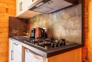 a kitchen with a stove top oven next to a sink at Alivi Di A Restonica in Corte +23 photos