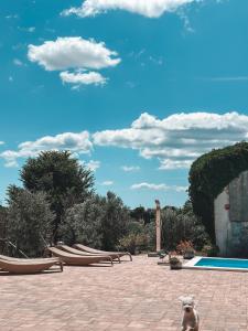 a small dog sitting in front of a swimming pool at Holiday Home Sofia - quiet village&quick highway close to Biograd na Moru and Zadar in Benkovac