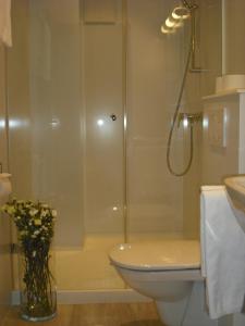 y baño con ducha, aseo y lavamanos. en Hotel Garni Botenwirt en Spital am Pyhrn
