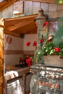 Una cocina con flores rojas sobre un pilar de piedra. en La Stanzetta Rooms & Garden, en Casal Velino